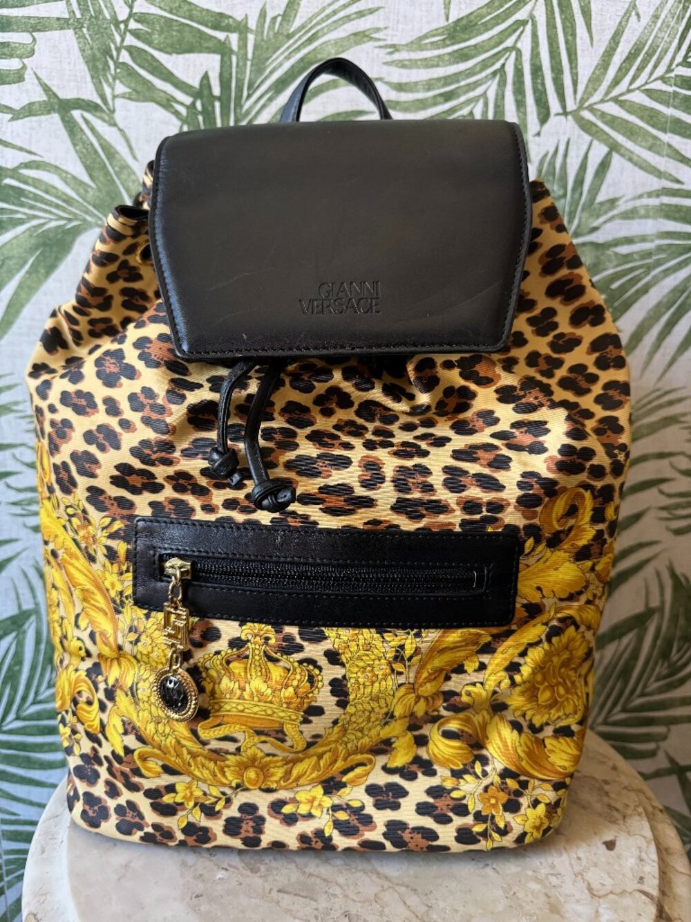 Vintage Gianni Versace Leopard & Baroque Crown Drawstring Backpack